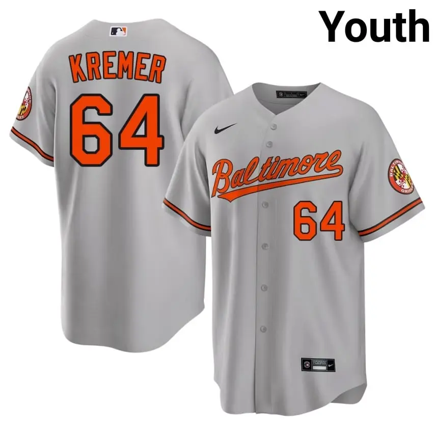 #64 Dean Kremer BAL O's Youth Official Jerseys - Gray