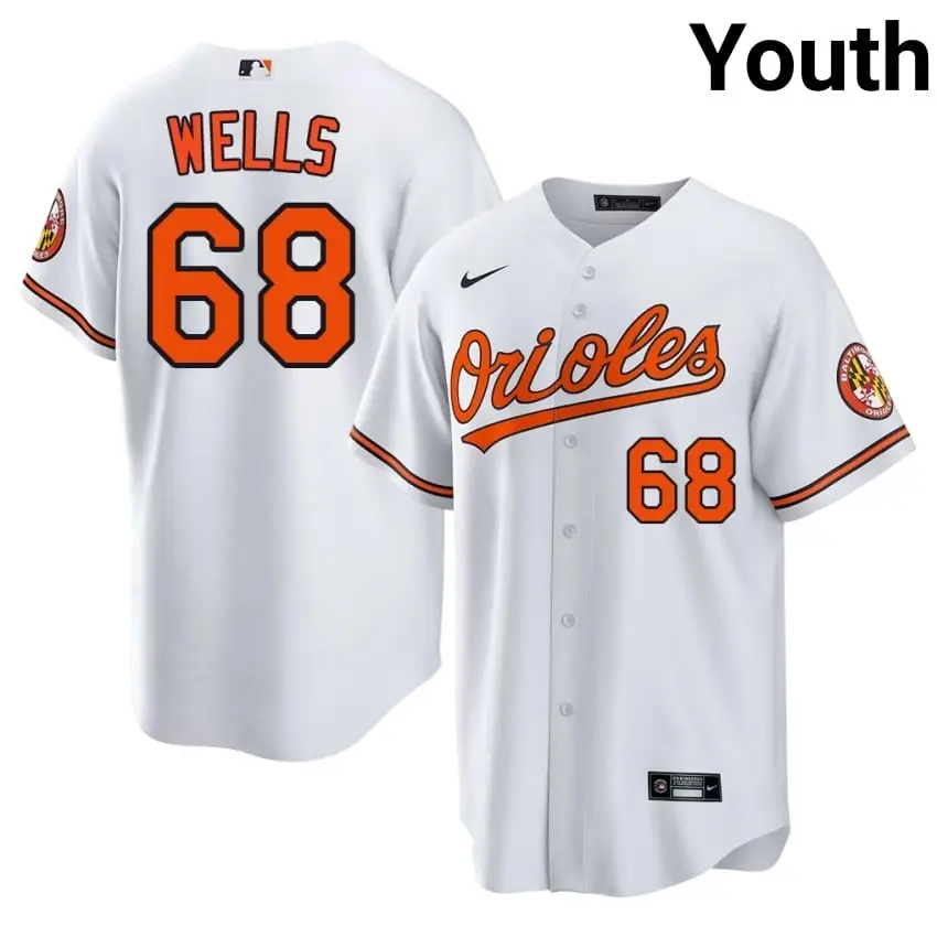 #68 Tyler Wells O's Youth Replica Jersey - White